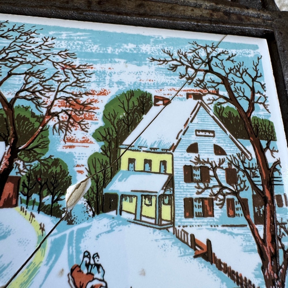 Vintage Cast Iron Teapot Trivet The Homestead in Winter Ceramic Tile Taiwan - Picture 6 of 9
